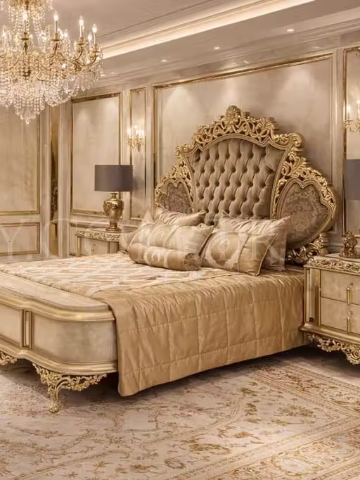 Cream and gold carved king bed with a tufted upholstered headboard and matching bedside tables